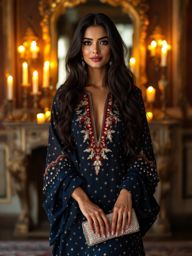 Navy Block-Print Evening Kaftan