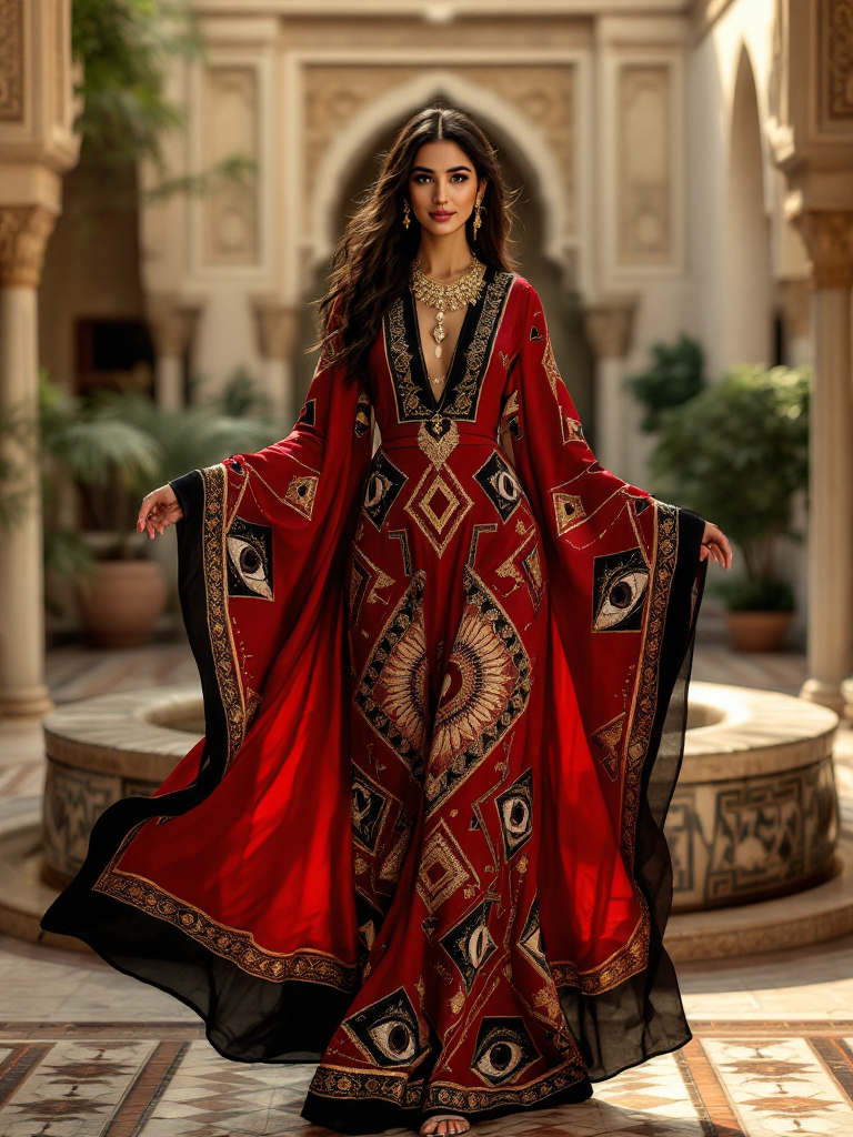 Red Eye-Motif Maxi Kaftan